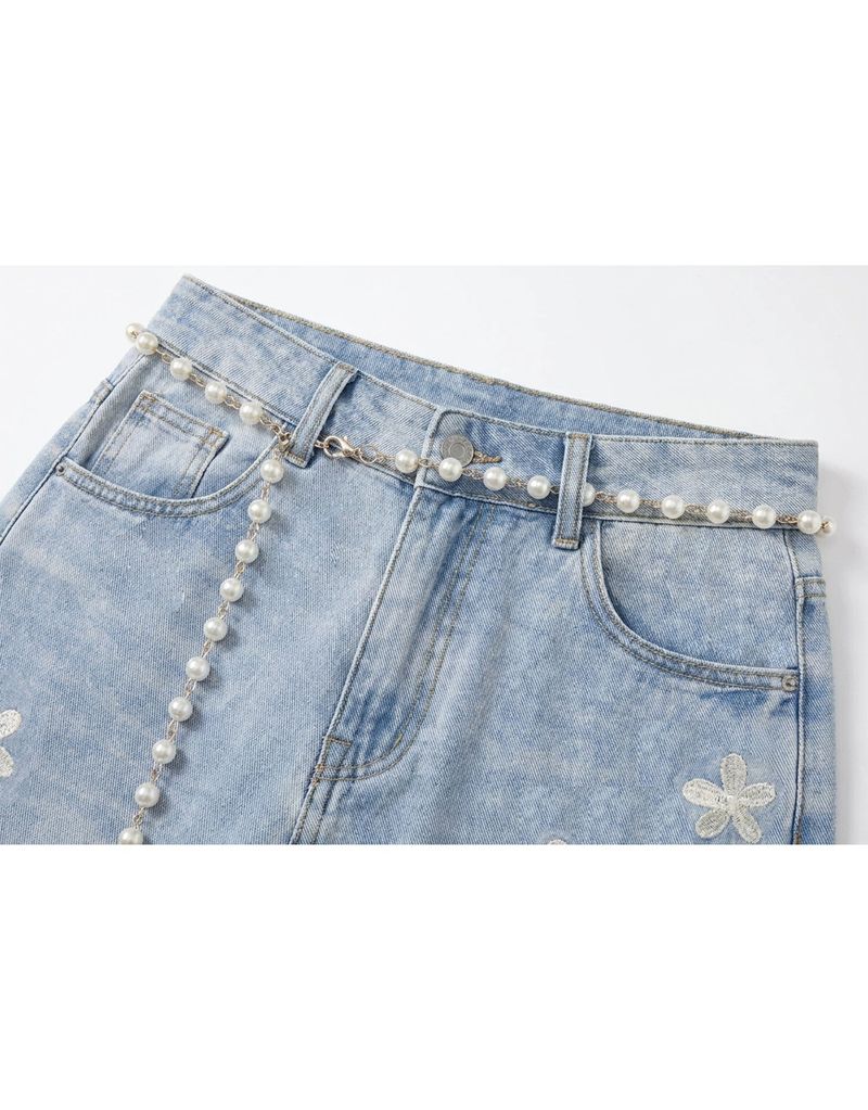Uline Flower Wide Denim Pants Light Blue