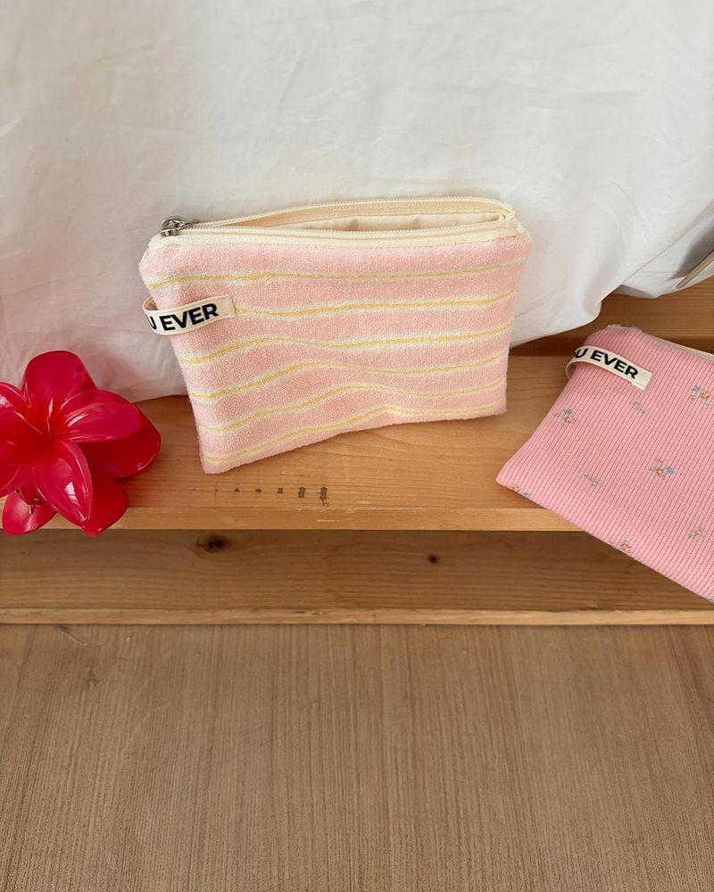 Terry candy stripe flat pouch - pink , S size