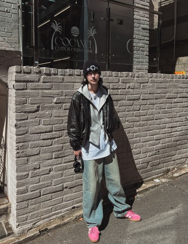 Metel non-collar leather jacket