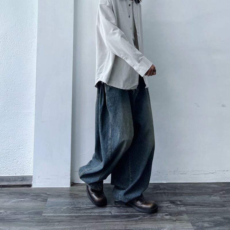 Curved Striped Washed Denim Trousers