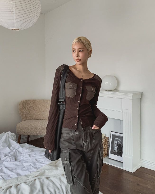 Luchi color matching pocket ribbed cardigan