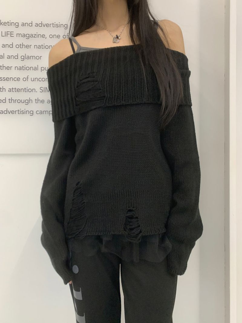 Damage Off-Shoulder Long Sleeve Knit (4 Colors)