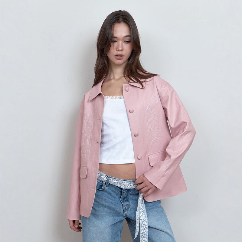 C ROSE-STITCH LEATHER JACKET_PINK