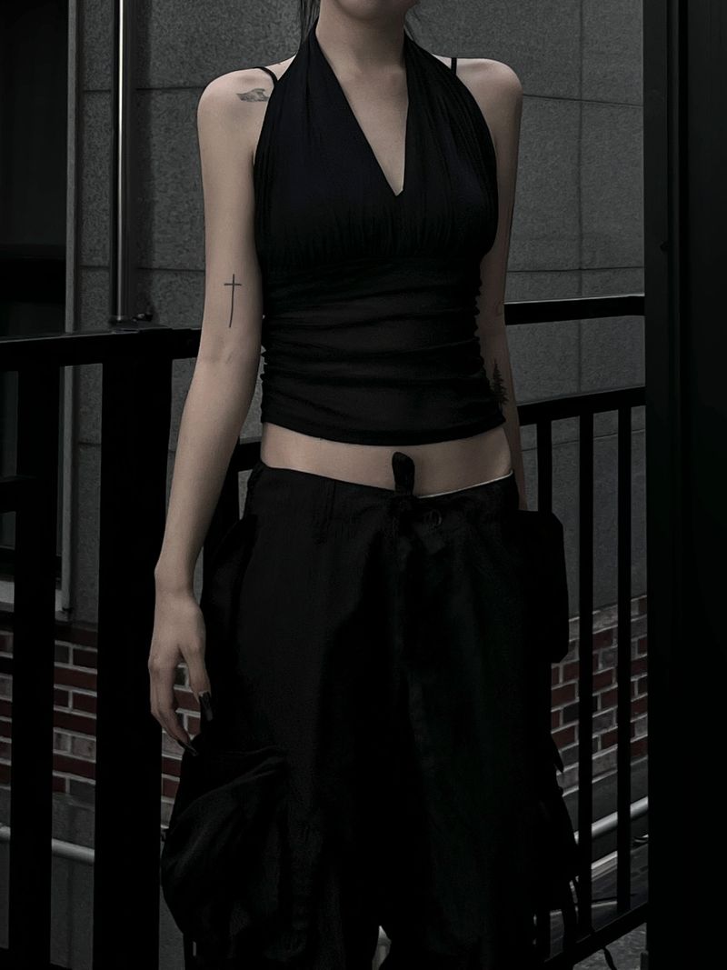 halterneck mesh shirring top