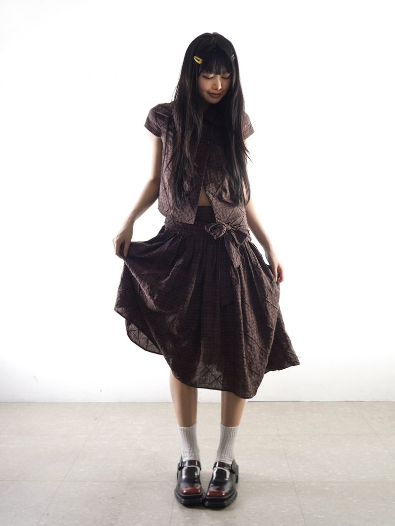 Cozy Check Ribbon skirt -Brown