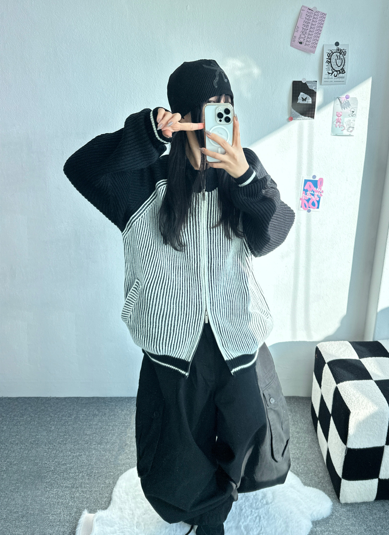 COLOR-BLOCK RAGLAN 2-WAY ZIP-UP🤎🖤🩶🤍 - 3 COLORS