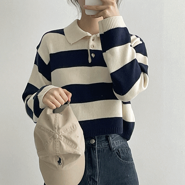 Color stripe button collar knitwear