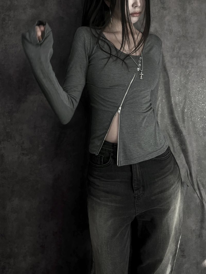 diagonal zipper button T (2color)