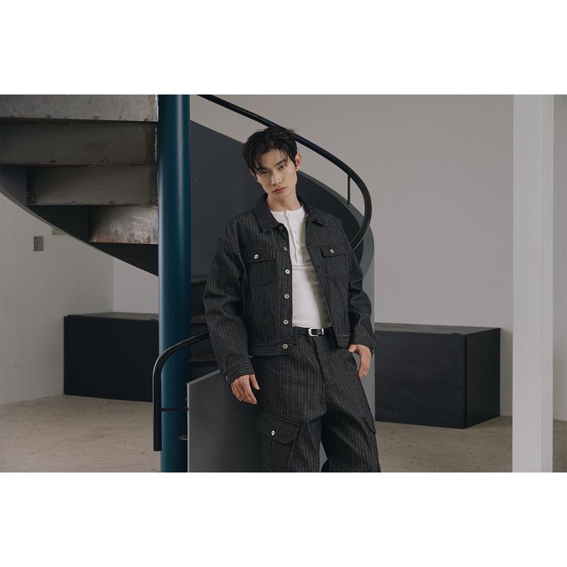 Stripe corduroy trucker denim jacket(Black)