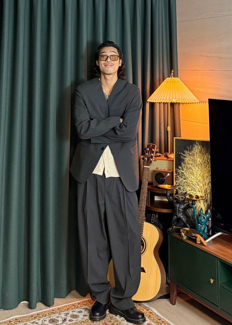 No-Collar Striped V-Zip Slacks 2COLOR