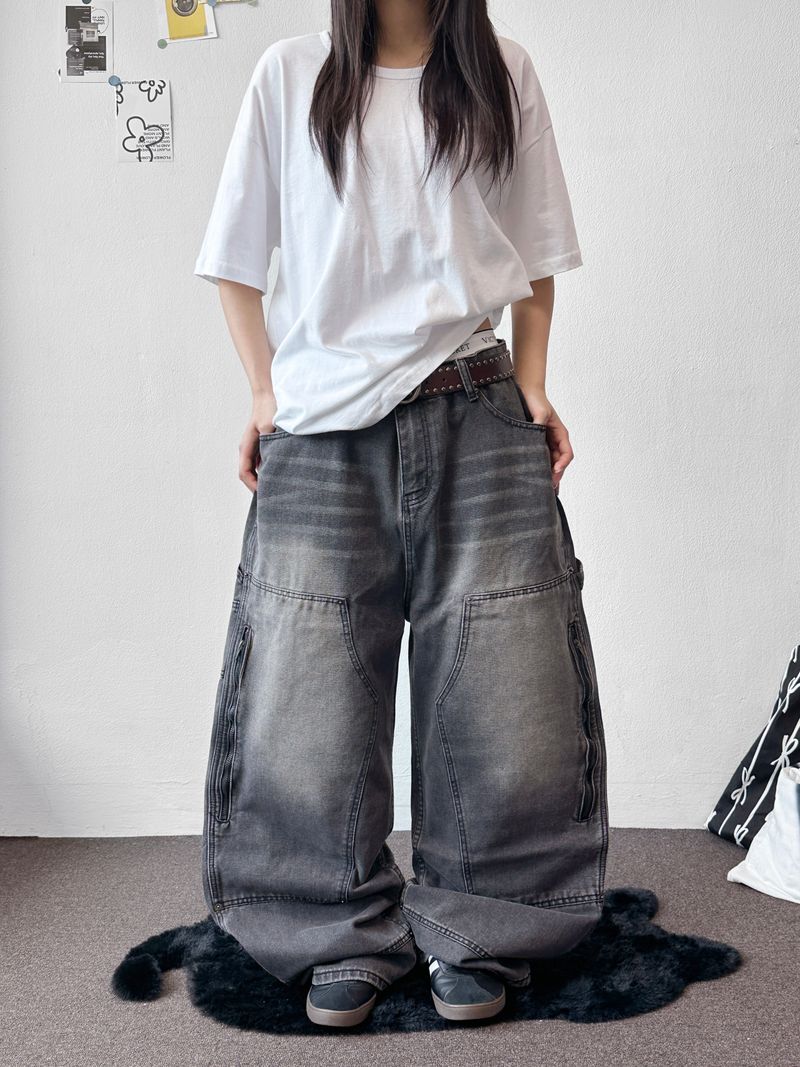 Kuchi Side Carpenter Zip Wide Balloon Pants 3color