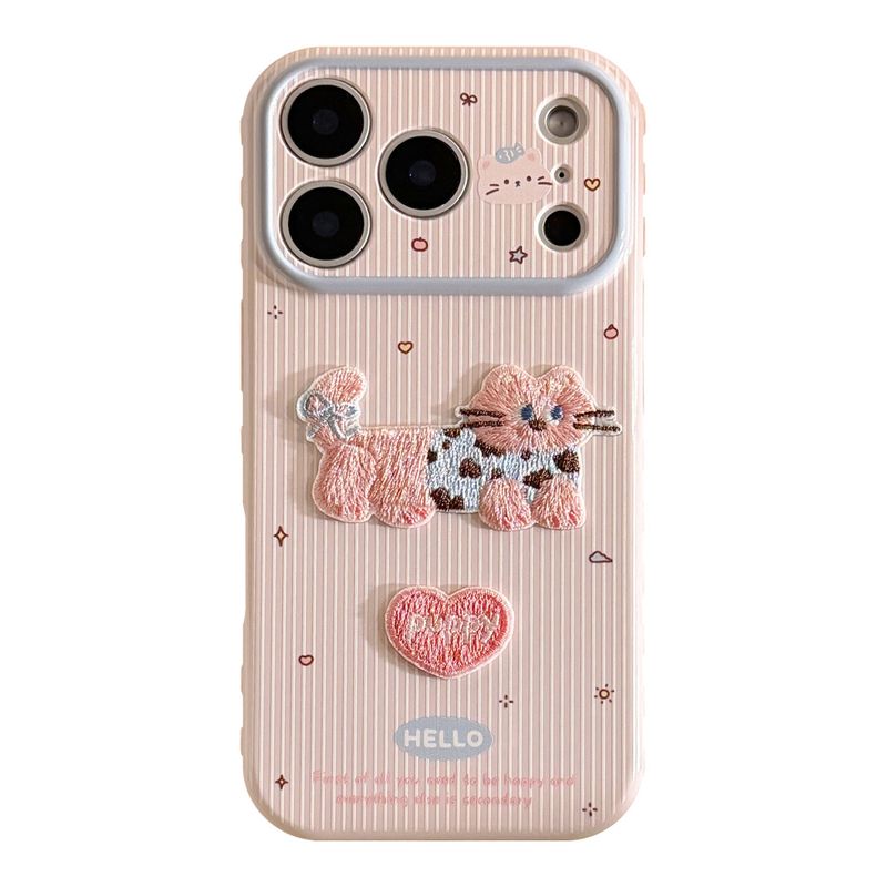 Embroidered Blue Pink Cat Soft iPhone Case