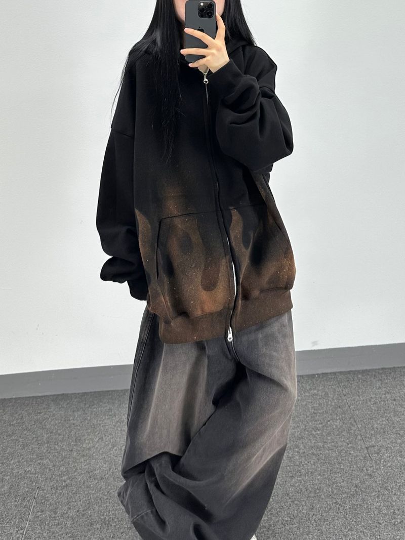 flame washed hooded zip-up