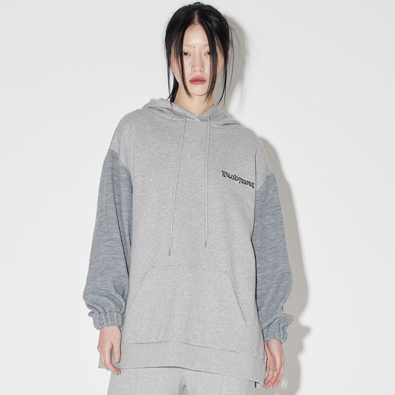 レタリングニットコントラストパーカー / Lettering Knit Contrast Hoodie [MELANGE]