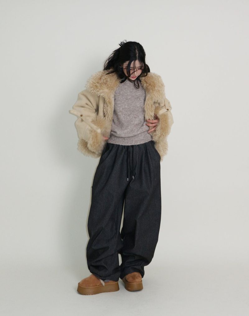 Terry Stripe Banding Carpenter Wide Denim Pants (for all four seasons)