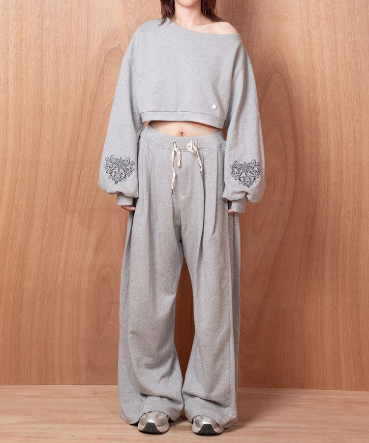 One-Shoulder Crop Sweatshirt-Grey