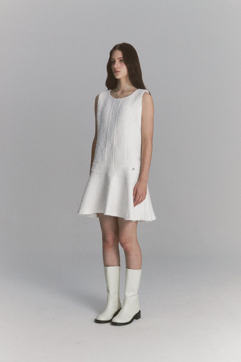 Back Ribbon Tweed Dress White