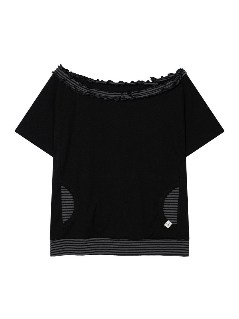 STRIPE FRILL OFF-SHOULDER(BLACK)