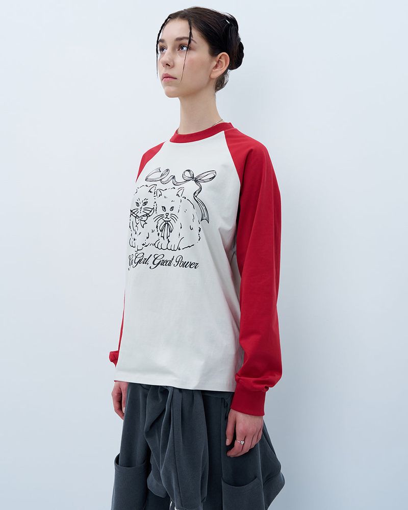 RIBBON CATS RAGLAN LONG SLEEVE-RED