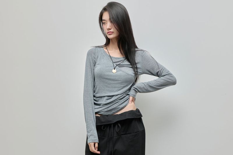 Shirring Layered Tee_Grey
