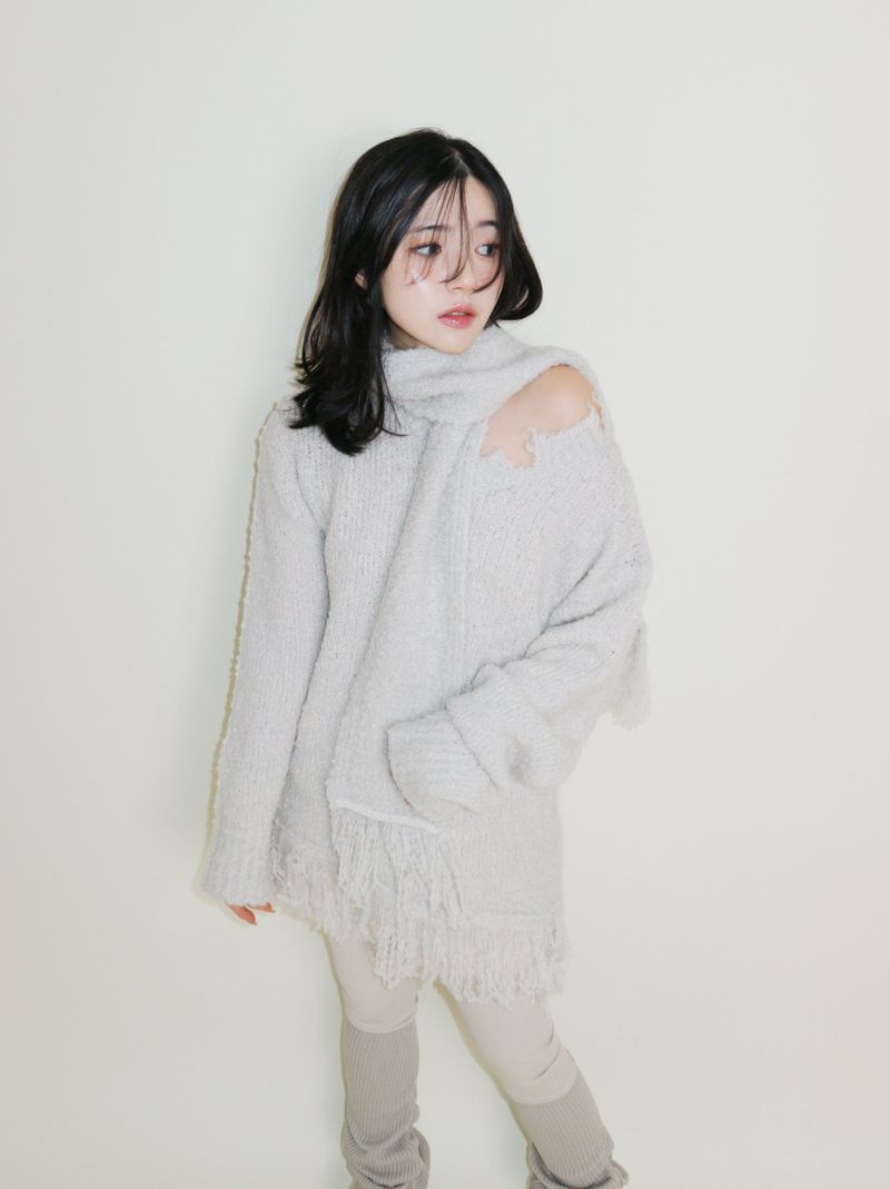 Puddle Demoor Tester Damage Long-Sleeved Knitwear Dress (Muffler Set)