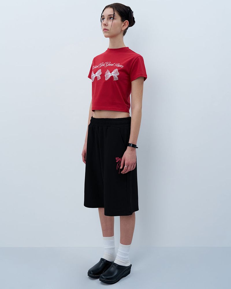 PINK RIBBON LOGO HALF PANTS-BLACK