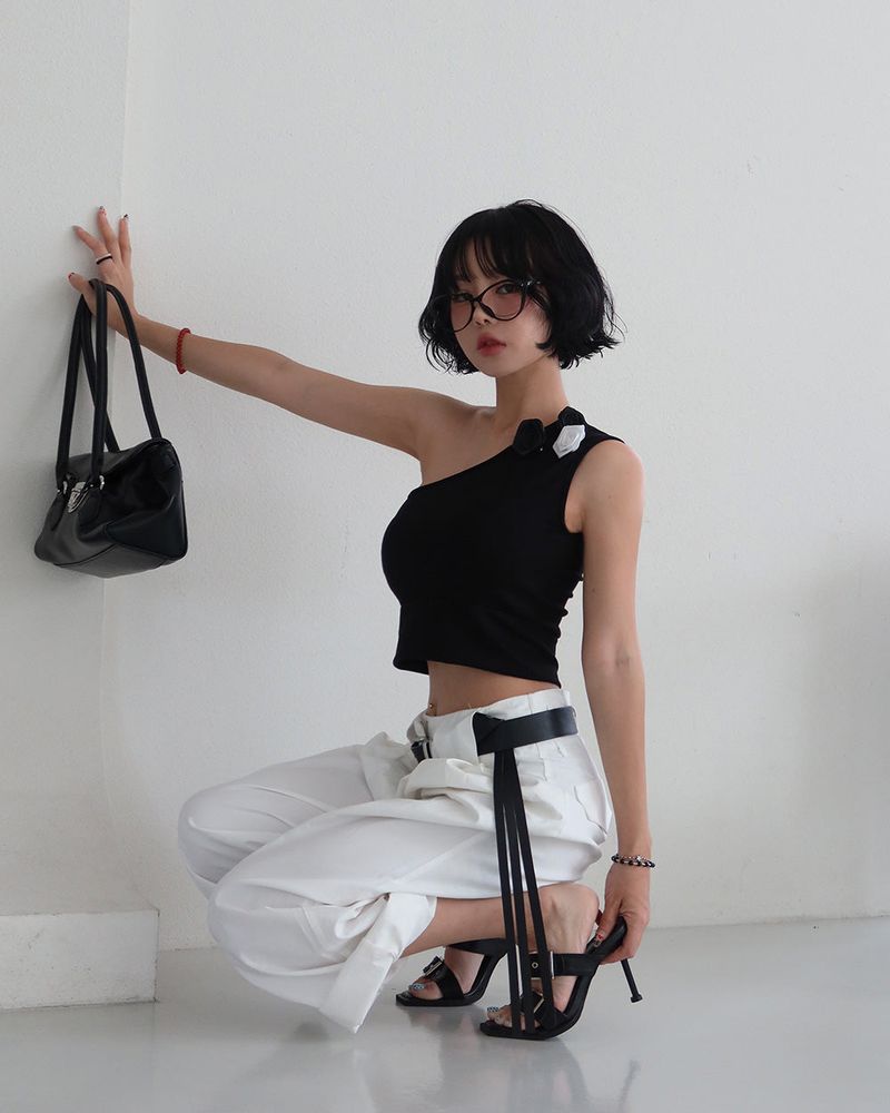 Rose Cosage 3ps Detachable Unbalanced Shoulder Sleeveless