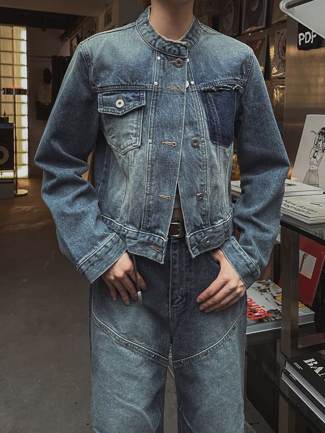Chike Unbalanced Cropped Denim Jacket