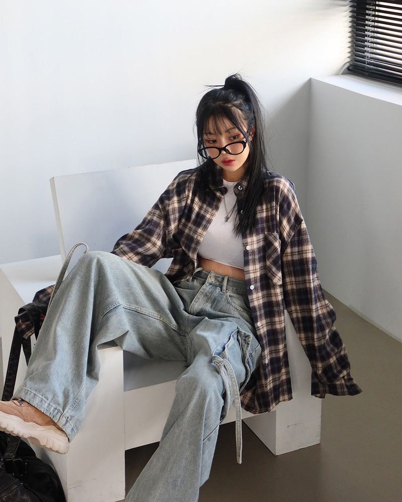a navy checkered shirt