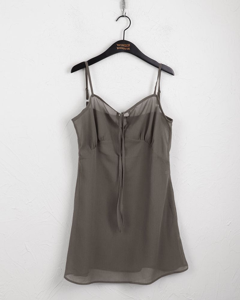 Haple see-through slit ribbon strap layered tank top mini dress