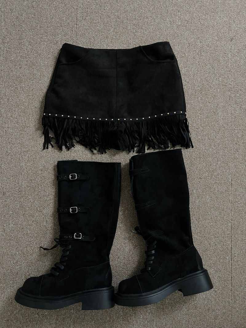 Kelvo Triple Buckle Belt Lace-Up Suede Oversole Long Boots (2 Colors)