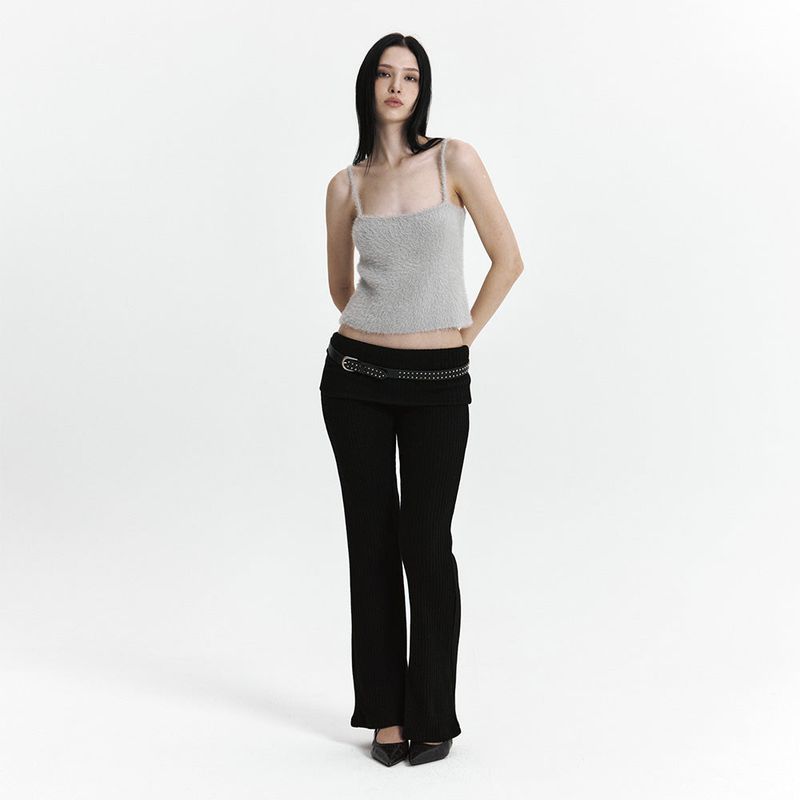 C FOLD BANDING RIBBED FLARE PANTS_BLACK