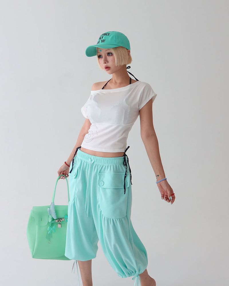 Button Big Pocket Bermuda Harem Capri Pants