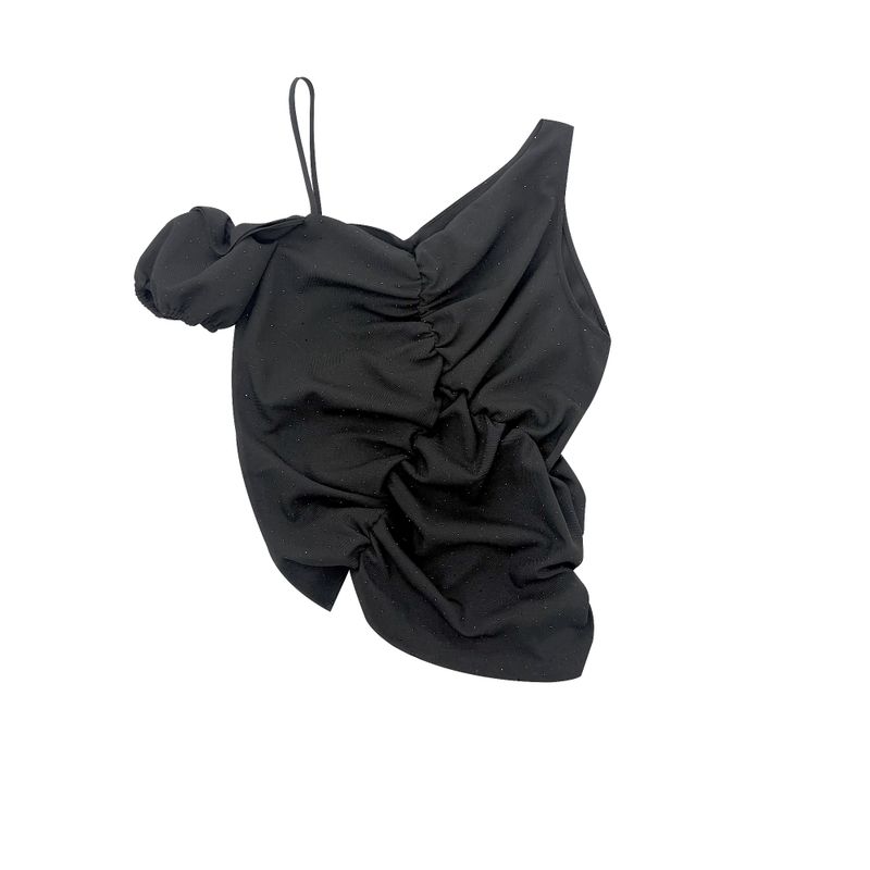 ONE-SHOULDER SHIRRING BLOUSE_BLACK