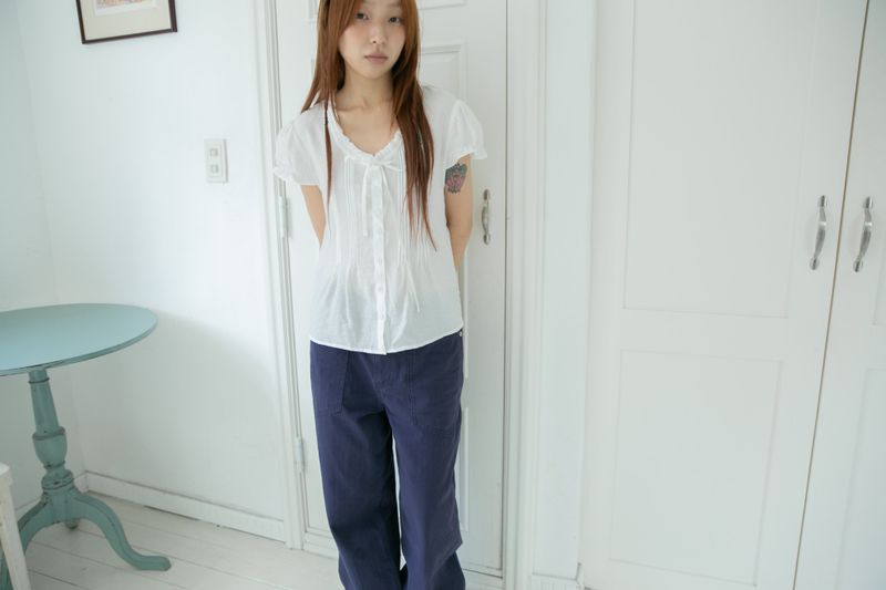 pin shirring puff half blouse(2colors)