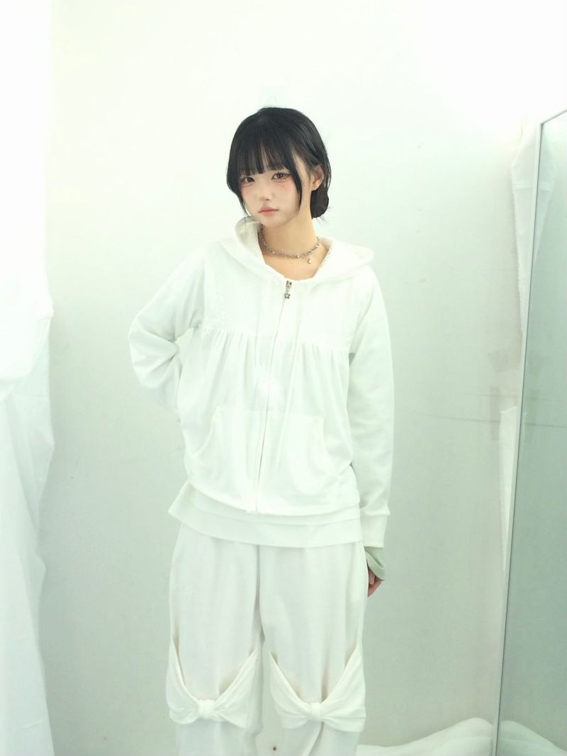 Flower Lace Half-Shirring Hooded Zip-Up