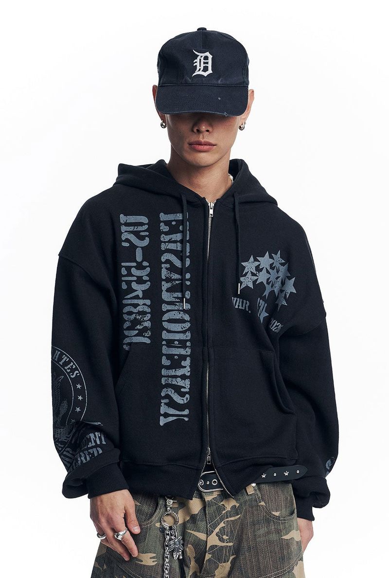 Marine Crack Print Hooded Zip-Up - Black