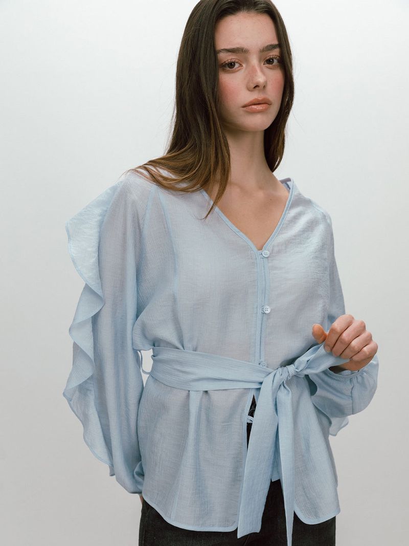 FRILL BELTED BLOUSE / SKYBLUE