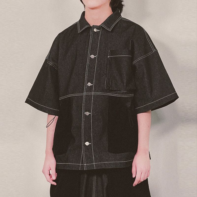 reverse terry pocket denim shortsleeve shirt_black