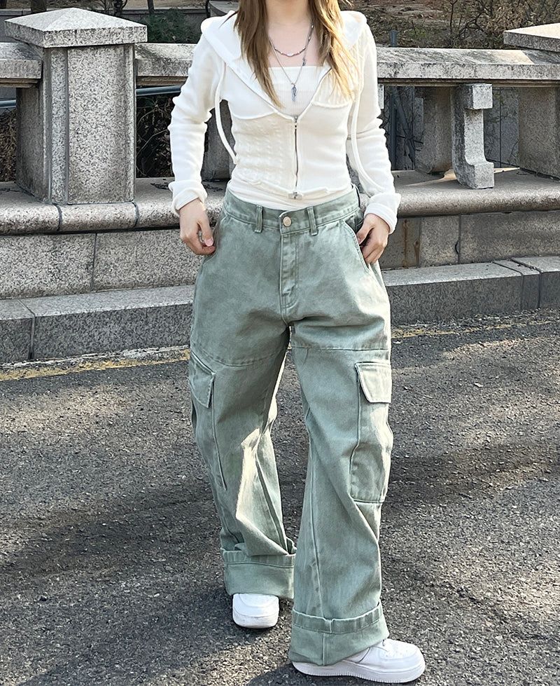 Ding denim slit wide cargo pants