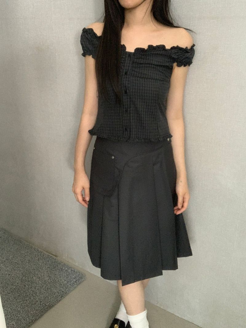 Aaron Check Off-Shoulder Ruffle Blouse 