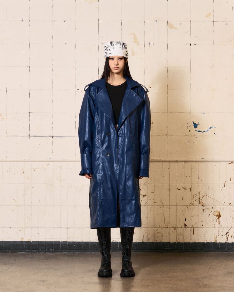 Curved Leather Trench coat (Blue)