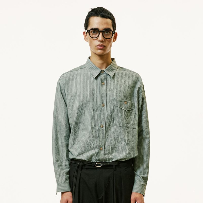 [SET] everyday stripe shirt & square tip knit tie green