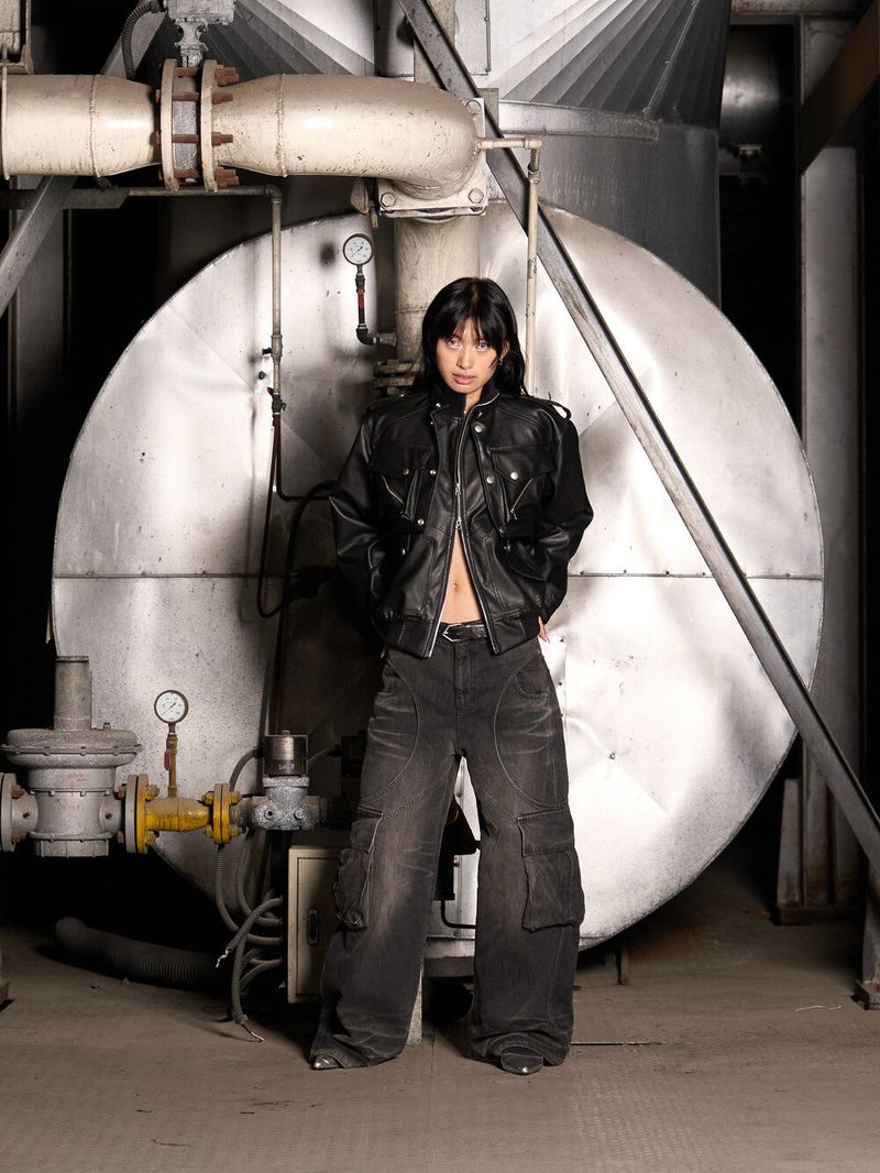 Leather Cargo 3way Jacket (Black)