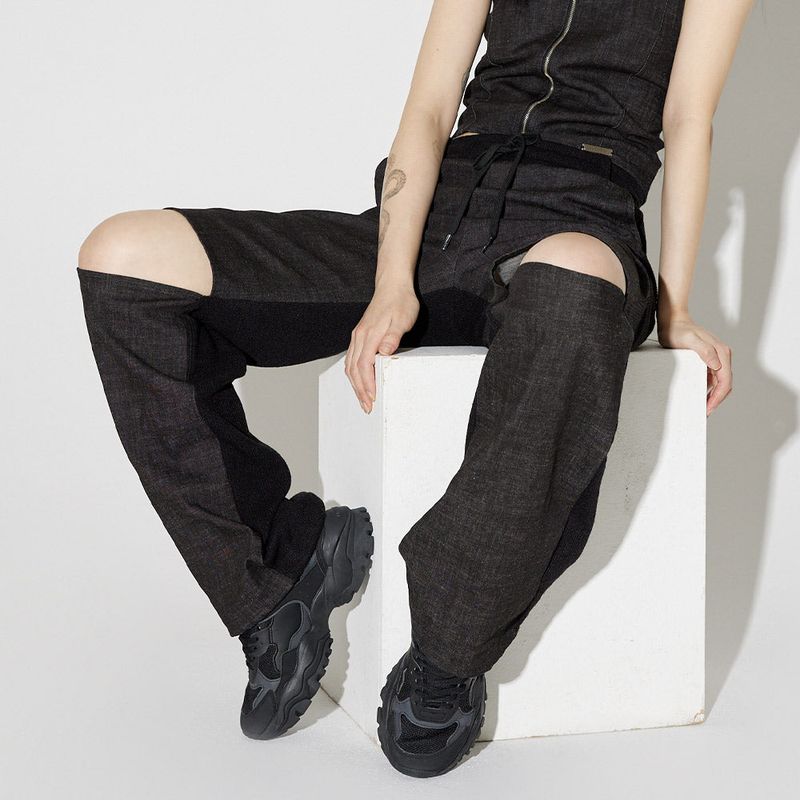 デニムニットブロッキングパンツ / Denim Knit Blocking Pants [BLACK]