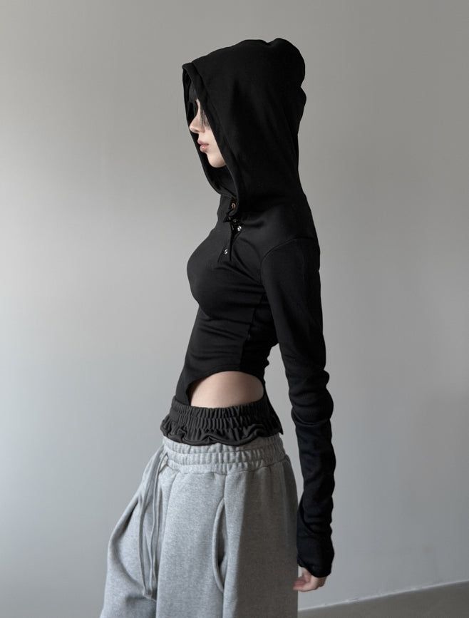 Cutout Bodysuit Unbalance Snap Hood