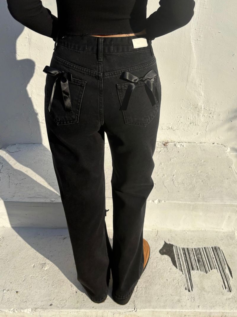 RIBBON SEMI-WIDE BLACK DENIM PANTS code 18318
