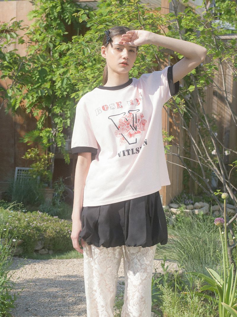 Rose Bow Ringer T-shirt (3C) Light Pink