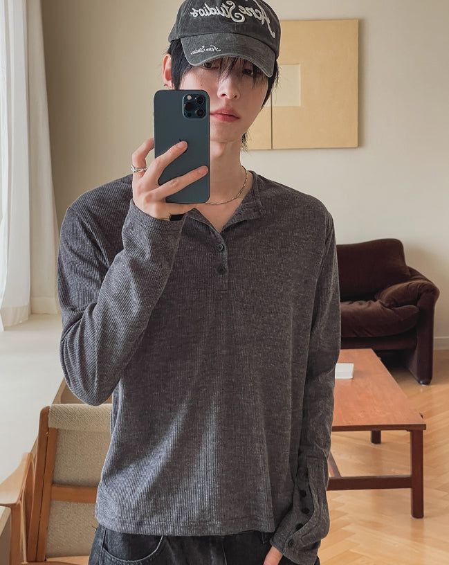 Div Ribbed Henley Neck Long Sleeve Tee 
