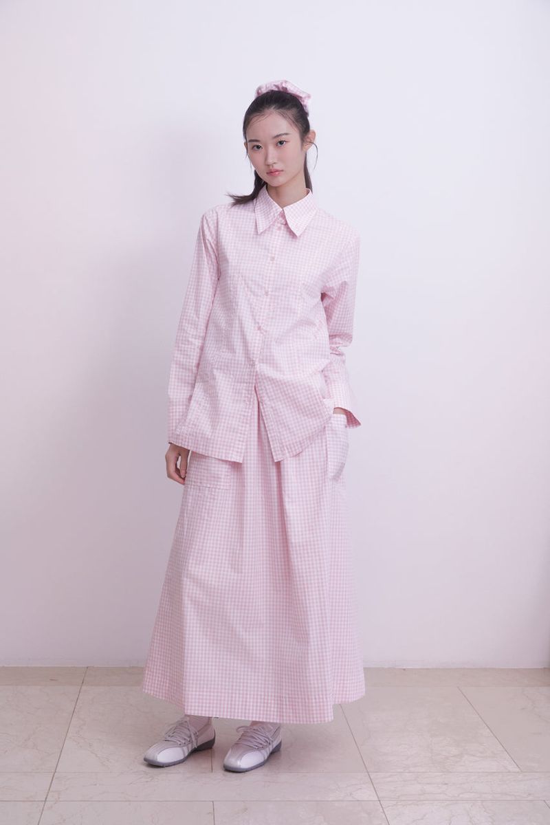 Gingham check pocket shirring Long skirt (PINK)